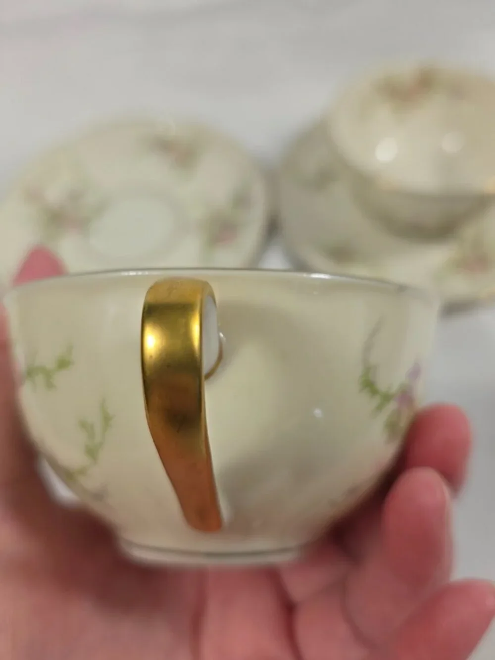 TWO Haviland Rosalinde (New York) Cup & Saucer Sets Pink & Lavendar Flowers
